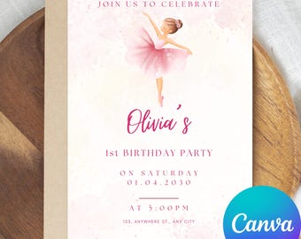 Sjabloon afdrukbare ballerina verjaardagsuitnodiging | Bewerkbare canva-uitnodiging voor meisjes die 1e jarig zijn
