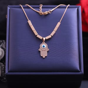 18k Gold Plated Hamsa Hand Pendant Necklace with Blue Evil Eye Stone, Evil Eye Talisman Gift For, Jewellery Gift for Mom, Wife, Girlfriend.