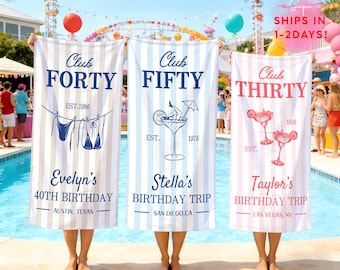 Custom Birthday Beach Towels,30th 40th 50th Birthday Group Trip for Her,Pool Party Favor,Striped Pool Towel,Beach  Party Gift for Girl 2026