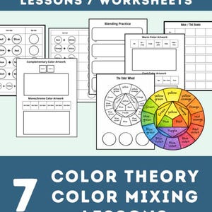 Può includere: Una raccolta di fogli di lavoro sulla teoria dei colori con il testo "SKILL BUILDERS / MINI LESSONS / WORKSHEETS" in alto. I fogli di lavoro trattano argomenti come la miscelazione dei colori, la miscelazione e il cerchio cromatico. L'immagine include anche il testo "7 COLOR THEORY COLOR MIXING LESSONS".