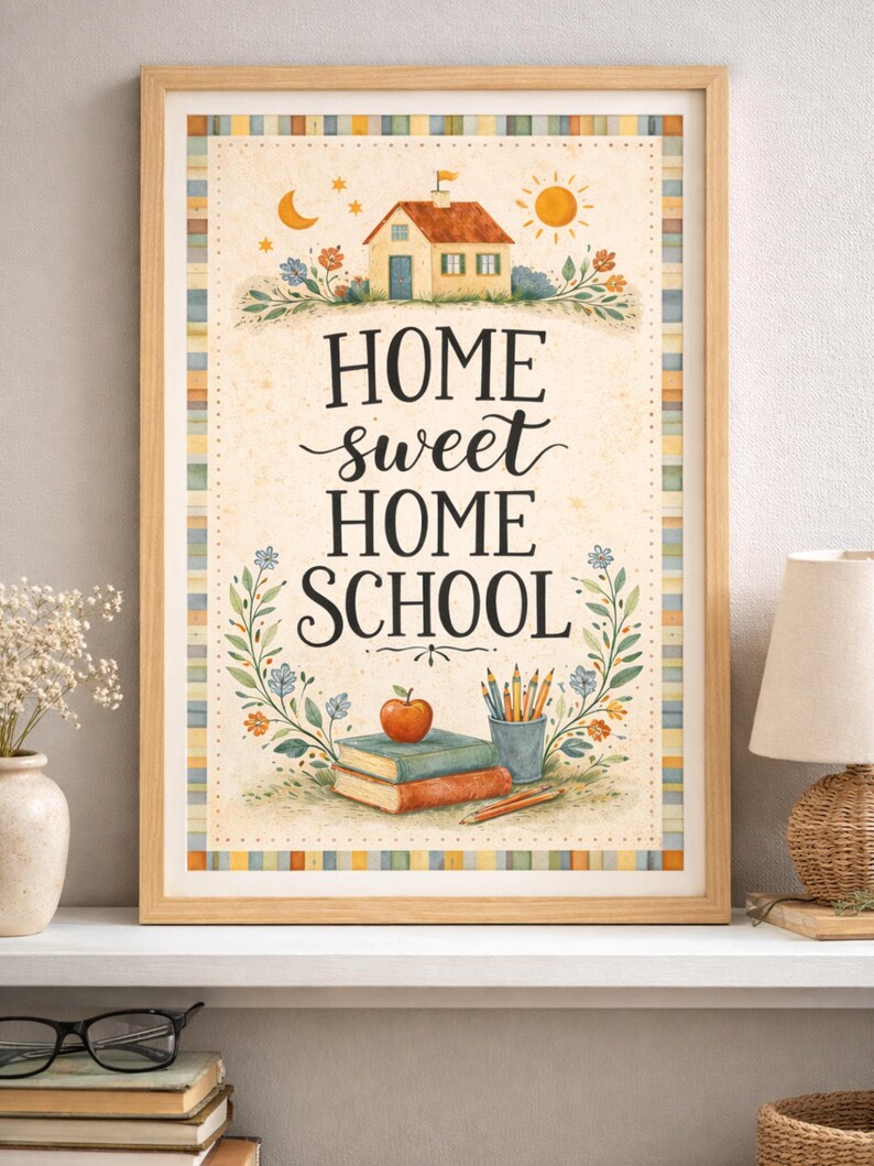 May include: A framed print with the words "HOME sweet HOME SCHOOL" in a decorative font. The artwork features a house, sun, moon, flowers, books, pencils, and an apple. The frame is a light brown color.