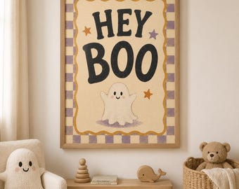 Hey Boo Halloween Wall Art, Cute Ghost Nursery Decor, Spooky Kids Room Print