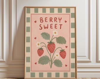Berry Sweet Strawberry Print, Whimsical Nursery Wall Art, Vintage Strawberry Poster, Kids Room Decor, Cottagecore Print