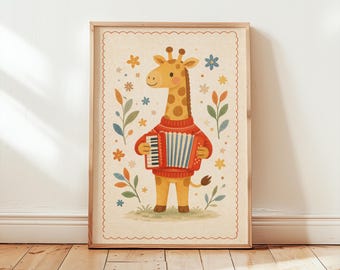 Giraffe Playing Accordion Nursery Art, Musical Animal Wall Art, Safari Nursery Decor, Kids Room Wall Art, Cute Giraffe Musician Print
