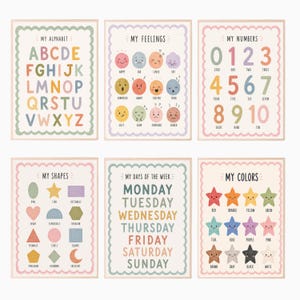 May include: Set of six educational posters with pastel borders. The posters display the alphabet, feelings, numbers 0-10, shapes, days of the week, and colors. Each poster has a unique design with colorful text and illustrations, perfect for a child's room or classroom.