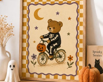 Vintage Halloween Nursery Wall Art, Skeleton Bear Pumpkin Print, Retro Kids Room Decor