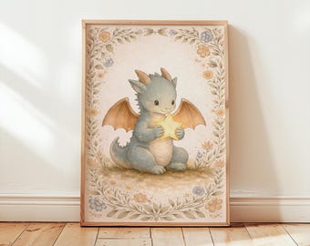 Baby Dragon Holding Star Print, Cottagecore Nursery Wall Art, Whimsical Dragon Poster, Storybook Fantasy Art, Kids Room Decor