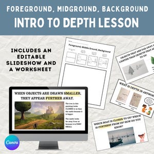 Puede incluir: Materiales educativos para una lección de arte sobre la percepción de la profundidad. La imagen incluye una pantalla de ordenador que muestra un paisaje, hojas de trabajo y texto que dice "Intro to Depth Lesson" y "When objects are drawn smaller, they appear further away."