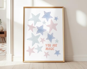 You Are Magic Print, Pink Calm Colorful Stars Kids Playroom Poster, Inspirational Wall Art, Positive Quote Print, Boho Nursery Folk Art