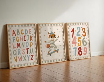 Retro Nursery Wall Art Set of 3, ABC 123 Animal Prints, Vintage Playroom Decor, Educational Kids Room Posters, Woodland Nursery, Preschool