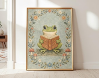 Reading Frog Poster | Whimsical Frog with Book Wall Art | Floral Frame Print | Cottagecore Woodland Decor
