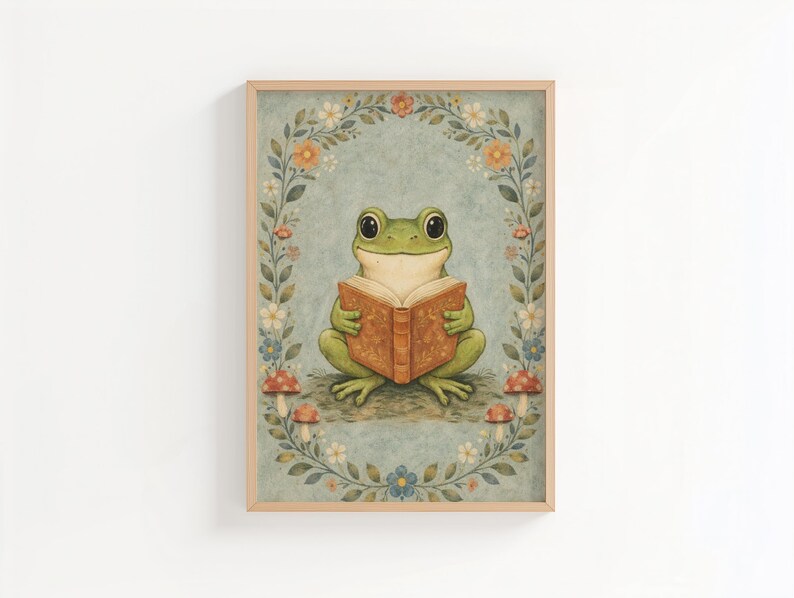 May include: A framed art print featuring a green frog reading a book. The frog is centered, holding an open book with a brown cover. The background is a light blue with a floral border and mushrooms.