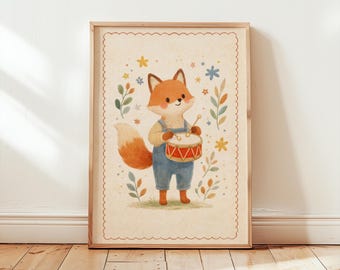 Fox Playing Drum Nursery Art, Musical Animal Wall Art, Woodland Band Print, Kids Room Decor, Baby Nursery Poster, Cute Fox Musician