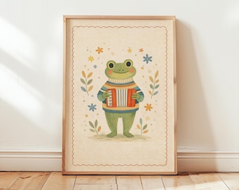 Frog Playing Accordion Nursery Art, Musical Animal Wall Art, Woodland Nursery Decor, Kids Room Wall Art, Cute Frog Musician Print