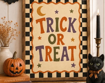 Retro Trick or Treat Sign Printable, Vintage Halloween Wall Art, Instant Download