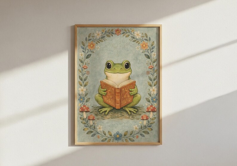 May include: A framed art print featuring a whimsical illustration of a green frog reading a book. The frog is surrounded by a floral wreath with mushrooms at the bottom. The artwork has a vintage, storybook aesthetic.