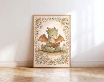 Reading Dragon Nursery Wall Art, Whimsical Forest Decor, Magical Library Print, Storybook Dragon Illustration, Kids Room Book Lover Art