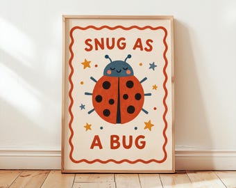 Snug as a Bug Nursery Wall Art, Vintage Ladybug Print, Retro Kids Room Decor, Boho Baby Nursery Poster, Whimsical Bug Art, Playroom Wall