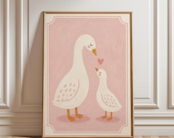 Silly Goose Nursery Art, Mother Baby Goose Print, Pink Girls Room Decor, Vintage Goose Wall Art, Retro Nursery Poster, Cottagecore Kids Room
