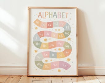 Boho Alphabet Poster Classroom Homeschool Nursery ABC Wall Art Cute Educational Decor Calm Neutral Soft Pastel Montessori Waldorf