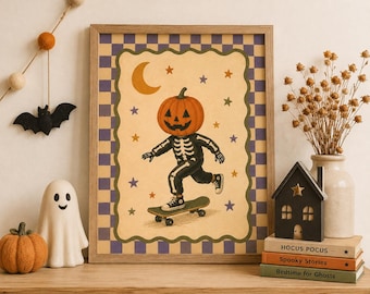 Vintage Halloween Wall Art Poster, Skateboarding Skeleton Pumpkin Print, Retro Fall Decor