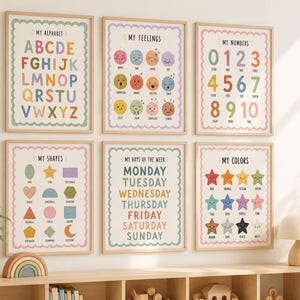 May include: Six framed educational posters with wooden frames. The posters display colorful text and illustrations for learning the alphabet, feelings, numbers, shapes, days of the week, and colors. The posters are arranged on a wall above a wooden shelf.