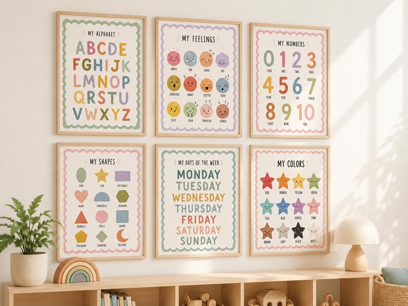 May include: Six framed educational posters with wooden frames. The posters display colorful text and illustrations for learning the alphabet, feelings, numbers, shapes, days of the week, and colors. The posters are arranged on a wall above a wooden shelf.