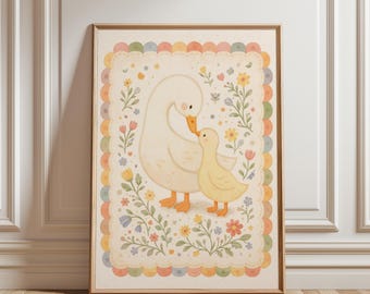 Mother Goose Nursery Wall Art, Baby Goose Print, Vintage Folk Art Nursery Decor, Cottagecore Goose Poster, Girls Room Farm Nursery Wall Art