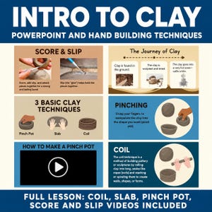 May include: An infographic titled "Intro to Clay" with hand-building techniques. It includes sections on Score & Slip, 3 Basic Clay Techniques, Pinching, and Coil methods. The text also mentions a full lesson with videos.