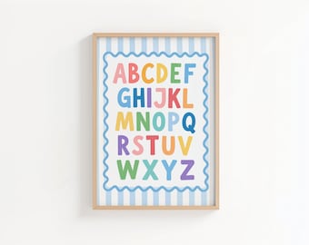 Striped ABC Poster, Trendy Alphabet Wall Art, Retro Nursery Alphabet Print, Kids Classroom ABC Chart, Preschool Learning Poster, Playroom