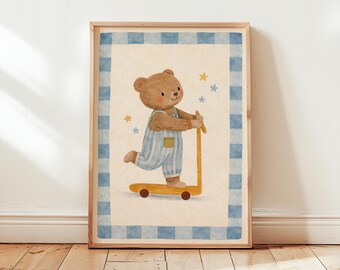 Bear Painting on Scooter Nursery Art, Artist Bear Wall Art, Retro Kids Room Decor, Whimsical Animal Print, Playroom Wall Art