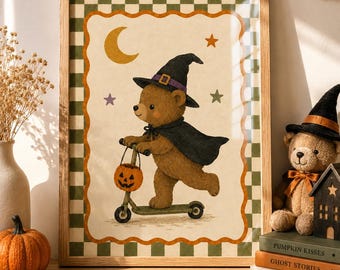 Vintage Halloween Nursery Wall Art, Witch Bear Pumpkin Print, Retro Kids Room Decor