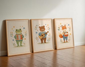 Musical Animal Nursery Wall Art Set of 3, Woodland Band Prints, Fox Frog Bear Musician Decor, Kids Room Wall Art, Nursery Animal Band