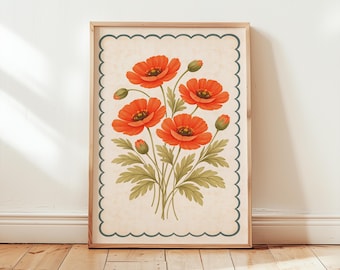Vintage Poppies Floral Print, Red Poppy Wall Art, Botanical Poster, Cottagecore Decor, Retro Flower Art, Neutral Wall Decor