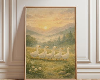 Silly Goose Nursery Wall Art | Woodland Ducks Print | Vintage Cottagecore Eclectic Children’s Room Decor | Whimsical Storybook Illustration