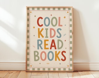Cool Kids Read Books Poster, Retro Reading Wall Art, Kids Room Library Print, Classroom Reading Corner Decor, Vintage Book Poster