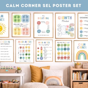 Op de afbeelding: Een set ingelijste posters met educatieve thema's, waaronder "Calm Corner", "Breathing" en "Mood Meter". De posters bevatten kleurrijke illustraties en tekst, ontworpen voor een leeromgeving. De tekst op de posters bevat "How are you feeling?" en "Check-in with yourself."
