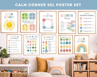 May include: A set of framed posters with educational themes, including "Calm Corner," "Breathing," and "Mood Meter." The posters feature colorful illustrations and text, designed for a learning environment. The text on the posters includes "How are you feeling?" and "Check-in with yourself."