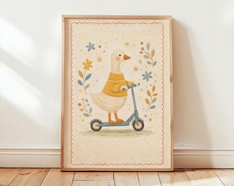 Goose on Scooter Nursery Art, Funny Animal Wall Art, Vintage Kids Room Decor, Whimsical Goose Print, Playroom Wall Art, Cute Animal Poster