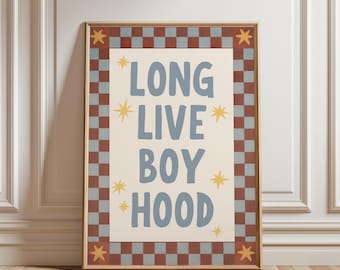 Long Live Boyhood Poster, Retro Boys Nursery Wall Art, Vintage Storybook Kids Room Print, Blue Checkerboard Playroom Decor
