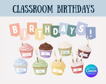 Classroom Birthday Display | Cupcake Birthday Bulletin Board | Editable Candle Names | Canva Editable Classroom Decor