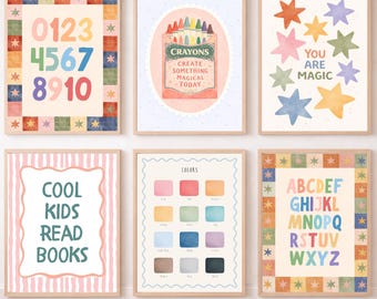 Mid Century Kids Educational Poster Set Vintage Nursery Wall Art Alphabet Numbers Retro Classroom Decor