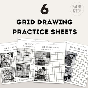 May include: Six grid drawing practice sheets with images of a tiger, human eyes, cupcakes, and a parrot. Each sheet has a grid for drawing practice and the text "GRID DRAWING PRACTICE" and "Draw what you see in each square."