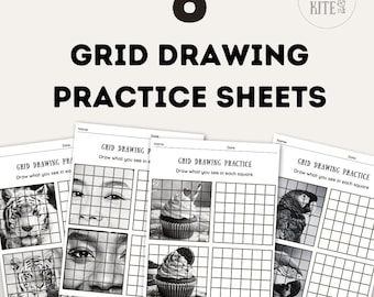 Grid Drawing Worksheets for Kids, Art Grid Drawing Practice, No Prep Drawing Activity, Art Sub Plans, Homeschool Art Worksheet Set