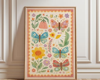 Floral Butterfly Wall Art, Cute Kids Room Illustration, Vintage Botanical Nursery Print, Cottagecore Flowers Poster, Whimsical Girls Room