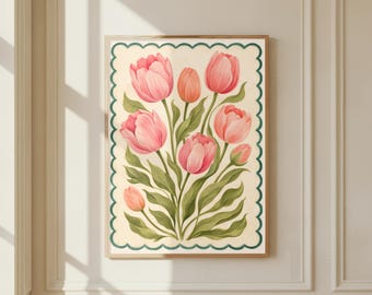 Pink Tulip Bouquet Poster Pink Vintage Retro Fine Art Floral Wall Art, Soft Flower Print, Botanical Home Decor