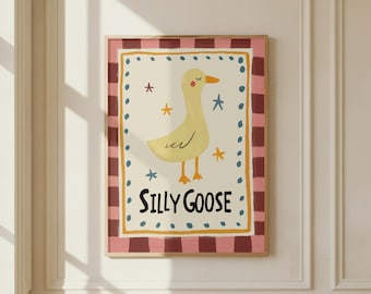 Silly Goose Nursery Art Print | Hand Drawn | Whimsical Cute Goose Wall Art | Neutral Nursery Decor | Scandinavian Folk Illustration