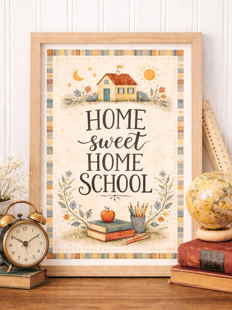May include: A framed print with the words "Home Sweet Home School" in a decorative font. The artwork features a watercolor illustration of a house, sun, moon, and books. A vintage alarm clock and globe are in the foreground.