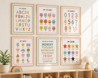 Homeschool Playroom Set of Six, Colorful Retro Educational Montessori Classroom Decor, Preschool Kindergarten Alphabet Numbers Feelings