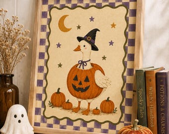 Vintage Halloween Nursery Wall Art, Storybook Witch Pumpkin Print, Whimsical Kids Room Decor